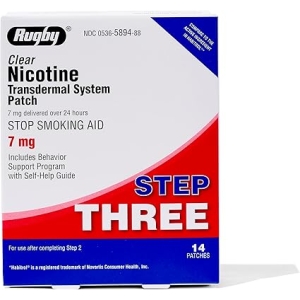rugby clear nicotine patches – 7mg transdermal system patch – smoking or vaping quitting aid – step 3 – (1 pack)