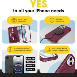 otterbox defender magsafe case for iphone 17e, 16e, 15, 14, 13 – 7x military grade drop protection, rugged grip texture, strap anchors, port covers, screenless – non retail packaging – foxberry pink