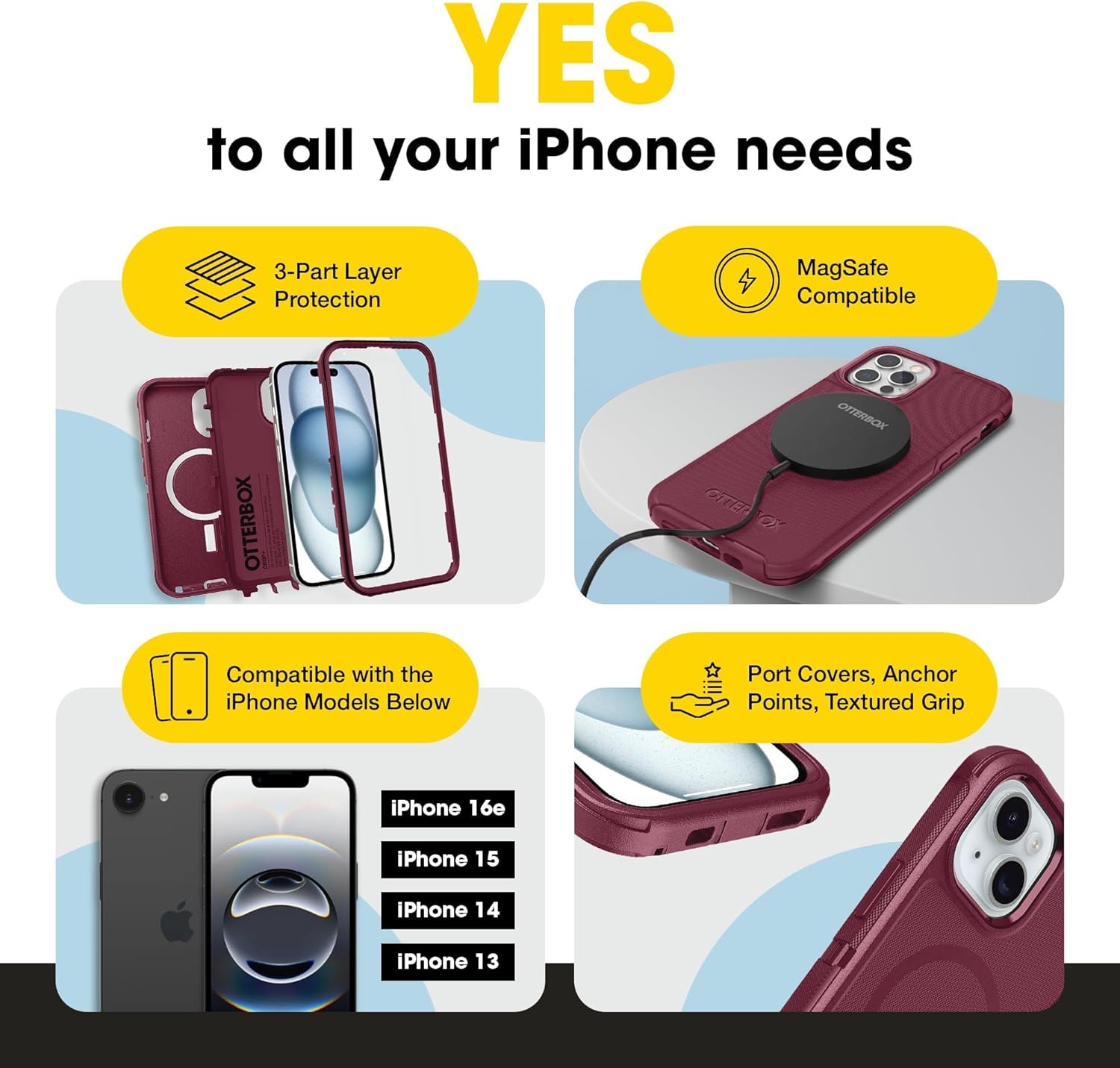 otterbox defender magsafe case for iphone 17e, 16e, 15, 14, 13 – 7x military grade drop protection, rugged grip texture, strap anchors, port covers, screenless – non retail packaging – foxberry pink otterbox defender magsafe case for iphone 17e, 16e, 15, 14, 13 – 7x military grade drop protection, rugged grip texture, strap anchors, port covers, screenless – non retail packaging – foxberry pink