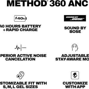 skullcandy method 360 anc wireless earbuds, sound by bose, bluetooth headphones, premium noise cancelling, up to 40 hrs battery, sweat and water resistant, microphone for iphone android bone
