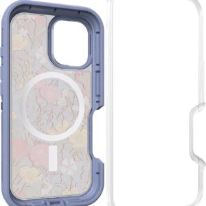 otterbox iphone 16 defender series xt clear case floral purple tough, rugged & durable iphone case, snaps on magsafe, pressure fitted dual layer iphone case