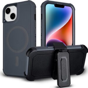 for iphone 14 case with belt clip, compatible with magsafe, anti drop, anti fingerprint, 3 in 1 heavy duty shockproof protection for iphone 14 case rugged with kickstand, gray