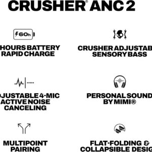 skullcandy crusher anc 2 wireless over ear bluetooth headphones with multi sensory bass, active noise cancelling, up to 60 hours battery, microphone for iphone android true black