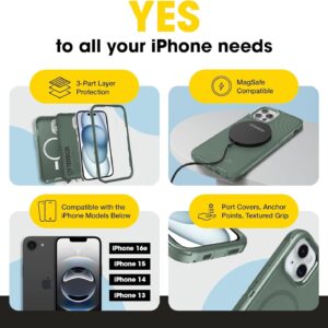 otterbox defender magsafe case for iphone 17e, 16e, iphone 15, 14, 13 – 7x military grade drop protection, rugged grip texture, strap anchors, port covers, screenless – non retail packaging – green